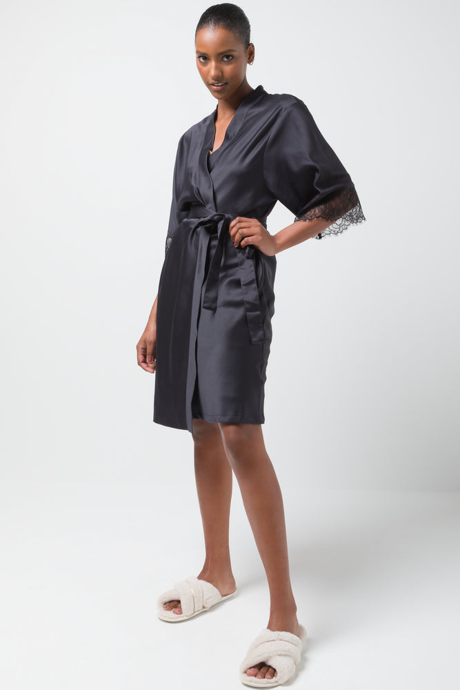 Satin Kimono Sleeve Gown Black