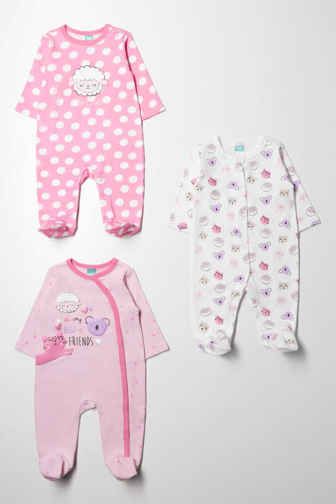 3 Pack Babygrows Pink And White