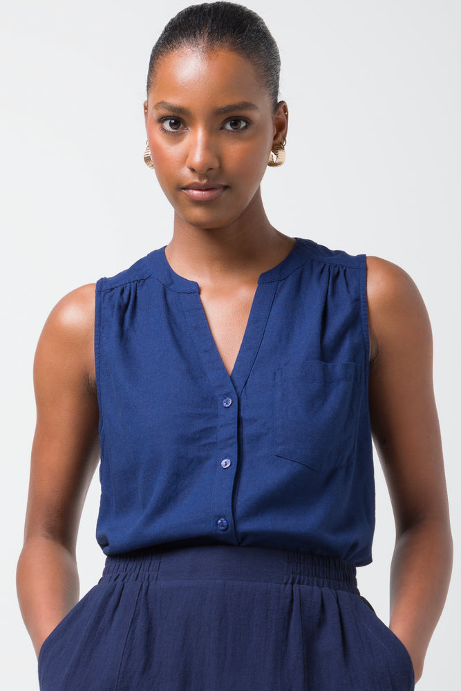 Sleeveless Shirt Linen Navy