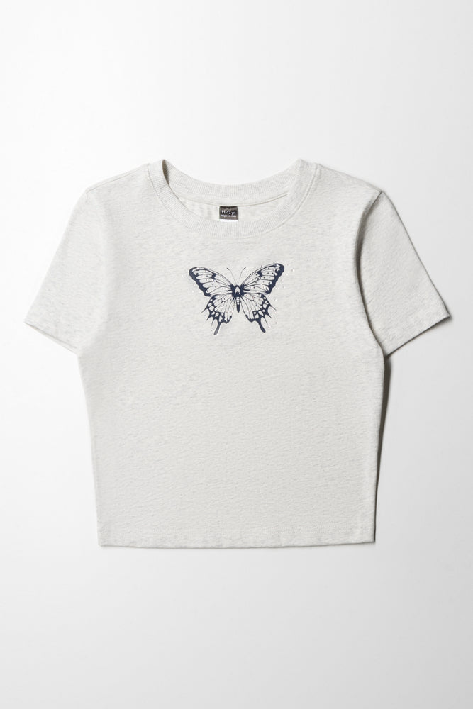 Baby Tee With Butterfly Print Oatmeal Mel