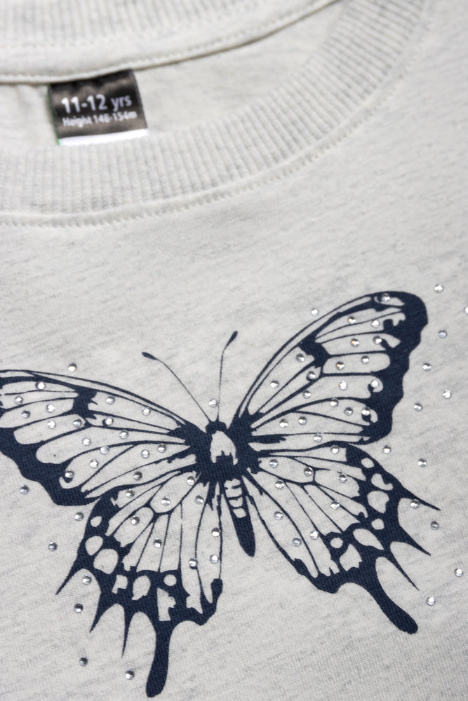 Baby Tee With Butterfly Print Oatmeal Mel