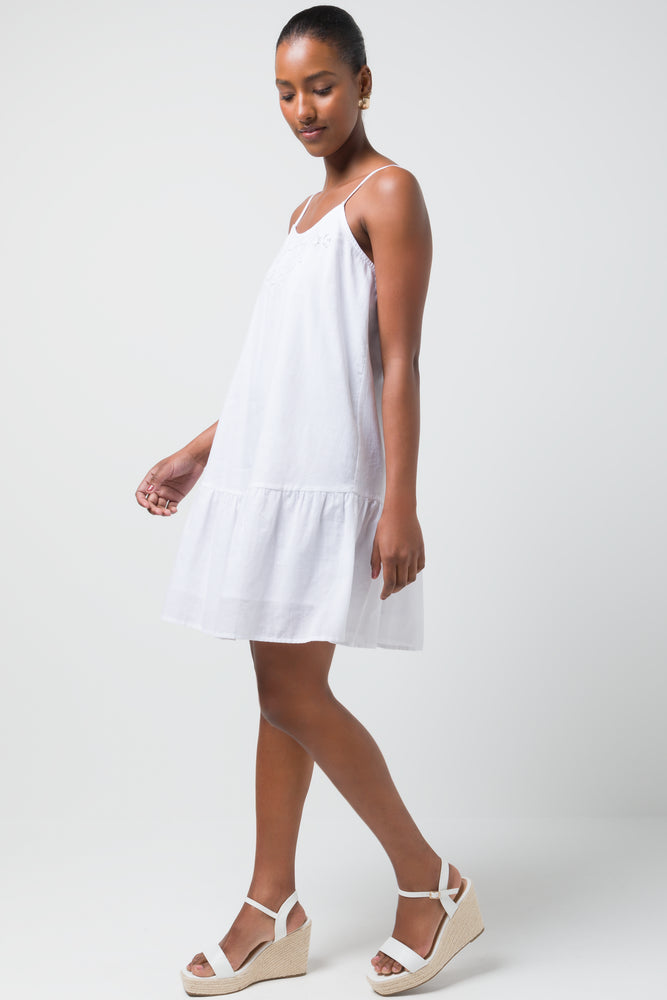 Strappy Anglais Tiered Dress White