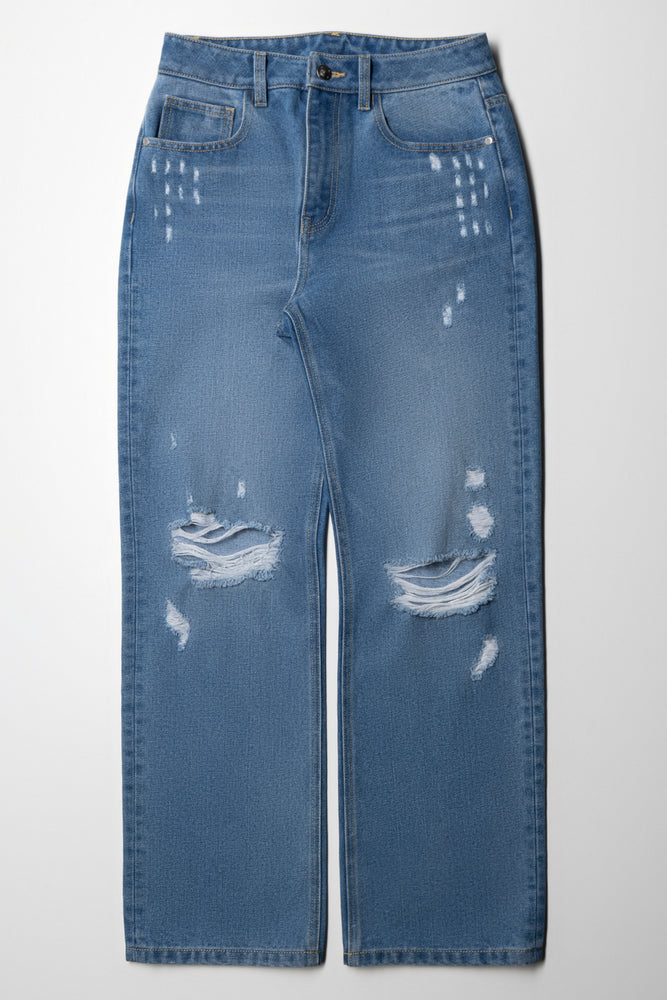 Ripped Straight Leg Denim Jeans Blue