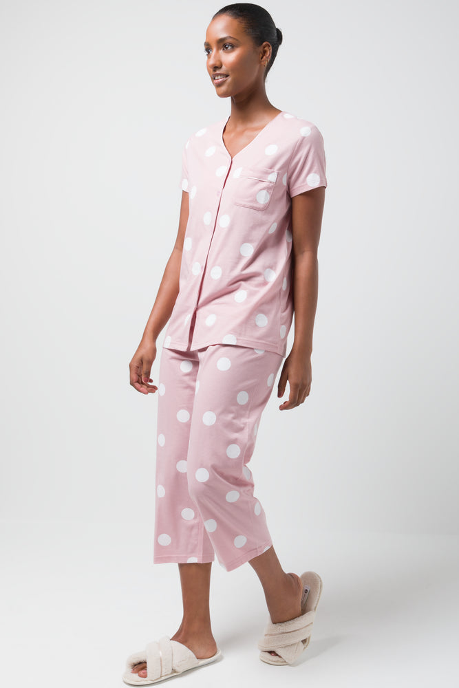 Spot Button Through Capri Set Pink