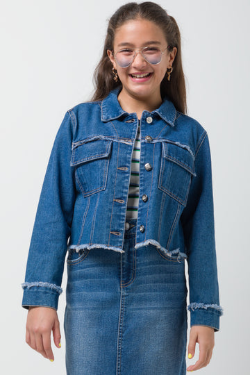 Denim Jacket With Frayed Edges Blue