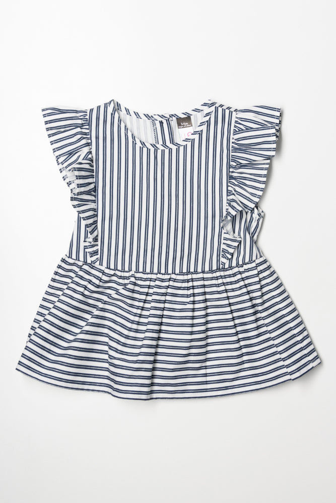 Stripe Peplum Frill Top Navy