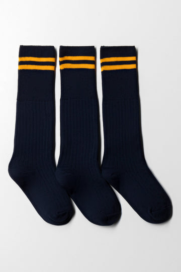 3 Pack Stripe Long  Socks Navy And Gold