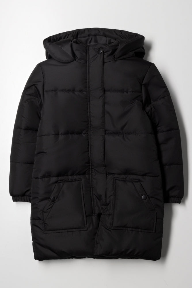 Long Hooded Puffer Jacket Black