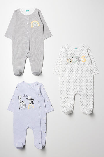 3 Pack Sleepsuit Grey, Blue & White