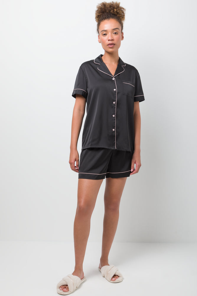 Satin Button Through Short Pyjamas Black