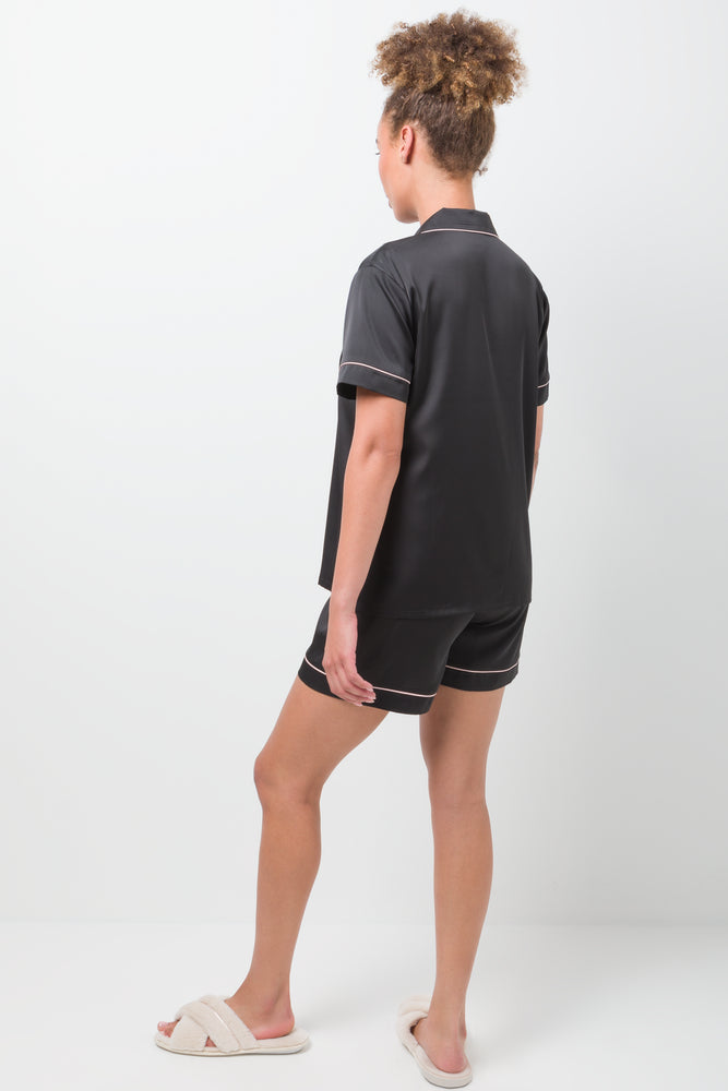 Satin Button Through Short Pyjamas Black (2)