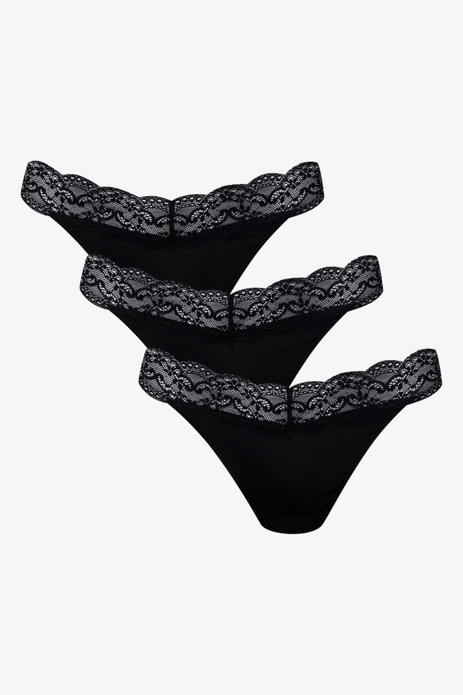 3 Pack Micro Sheen Lace Trim Thong Black