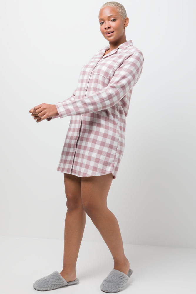 Button Up Flannel Sleepshirt Pink