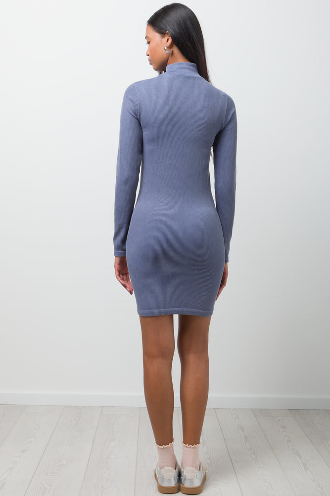 Seamless Long Sleeve Bodycon Dress Blue (2)