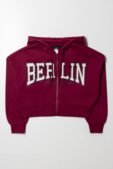 Hooded Crop Zip Up Tracktop Burgundy